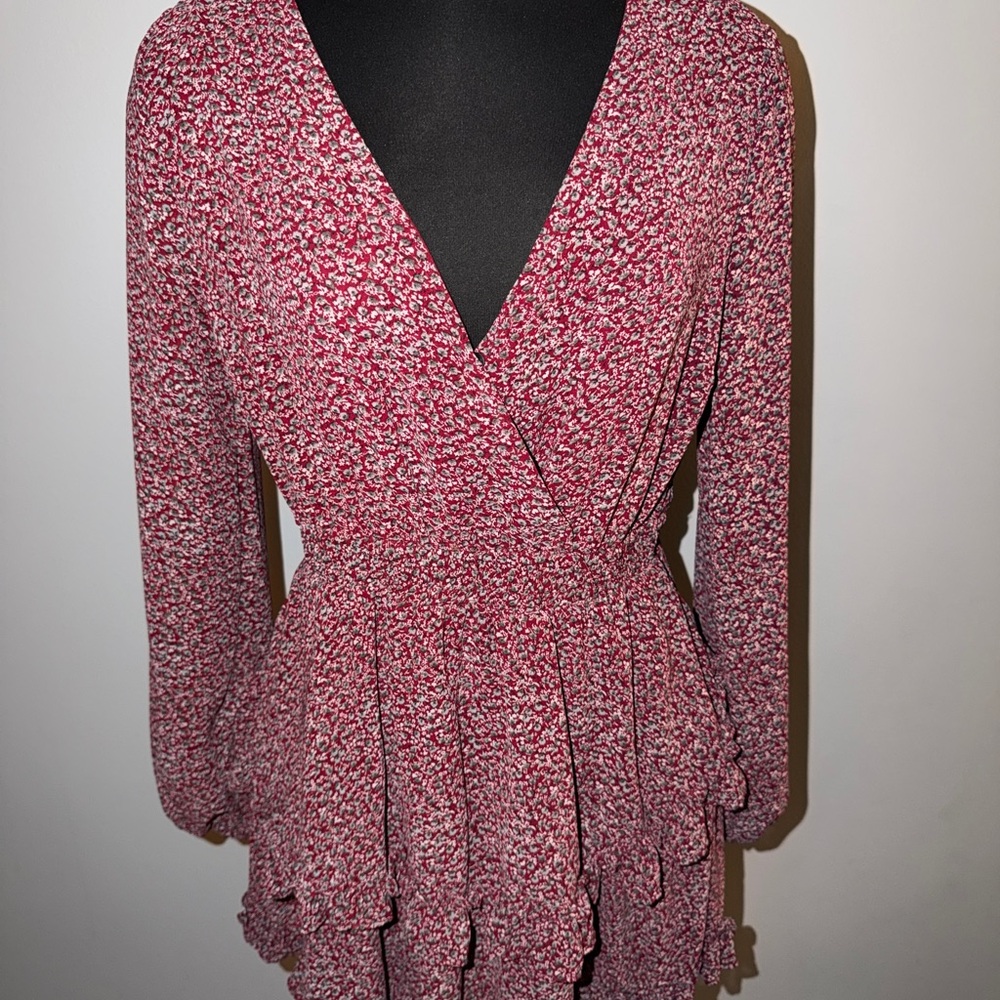 SHEIN Red Floral V Neck Flutter Long Sleeve Mini Dress Medium